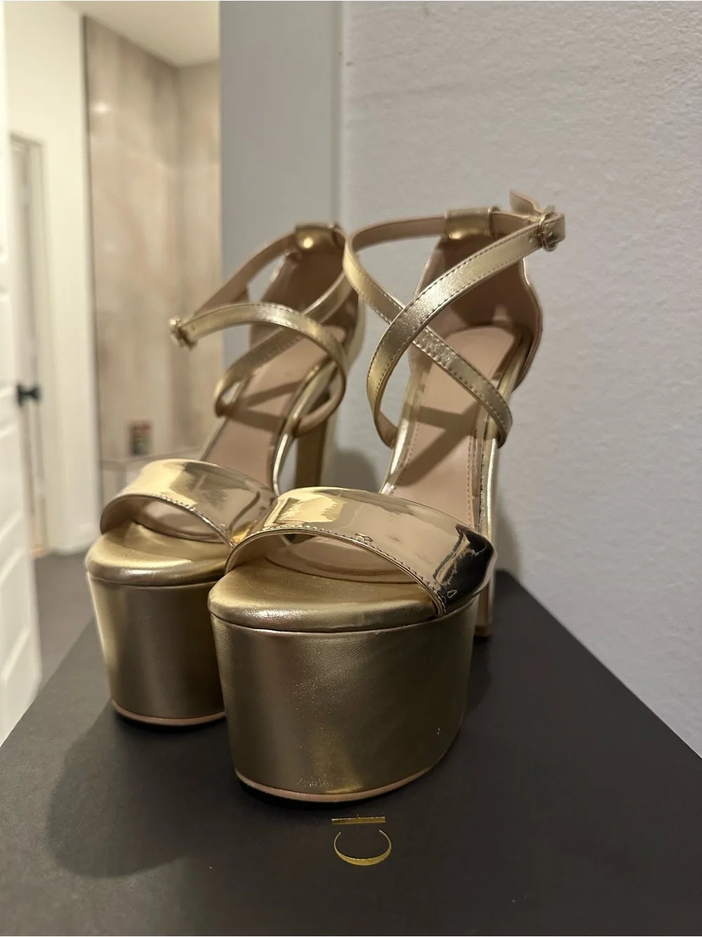 Gold Platform High-Heel Sandals with Ankle Strap